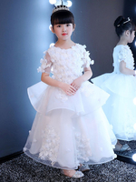 Blumenmädchen Kleider Weiß Abendkleider für Hochzeit Tüll Kurzarm Prinzessin Hochzeit mit Rundkragen kleid blumenmädchen knöchellang