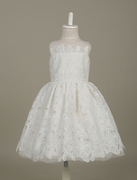 Blumenmädchen Kleider Weiß Abendkleider für Hochzeit Tüll ärmellos A-Linie- Hochzeit mit Rundkragen kleid blumenmädchen knielang und Reißverschluss