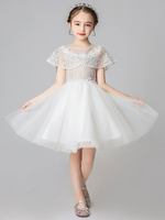 Blumenmädchen Kleider Weiß Abendkleider für Hochzeit Tüll ärmellos Prinzessin Hochzeit mit Rundkragen kleid blumenmädchen knielang und Reißverschluss