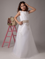 Blumenmädchen Kleider Weiß Satin Organza Kinder Party Kleider Sleeveless Sash Spitze Perlen Erstkommunion Kleid
