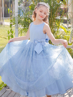 Blumenmädchenkleider Baby Blue Jewel Neck Ärmellose Schleifen Spitze Tüll Polyester Kinder Gesellschaftsparty Kleider