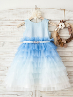 Blumenmädchenkleider Blue Jewel Neck Ärmellose Tüllschärpe Kinder Partykleider