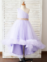Blumenmädchenkleider Ein-Schulter Tulle Sleeveless Asymmetrische Prinzessin Silhouette Sash Kinder Social-Partei-Kleider