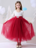 Blumenmädchenkleider Jewel Neck Lace Lange Ärmel Knöchellange Prinzessin Silhouette Schärpe Kinder Partykleider