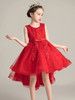 Blumenmädchenkleider Jewel Neck Lace Ärmellos Knielang A-Linie Schleifen Rot Kinder Gesellschaftsparty Kleider