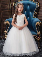 Blumenmädchenkleider Jewel Neck Polyester Baumwolle Ärmellos Knöchellang Prinzessin Silhouette Perlen Kinder Partykleider