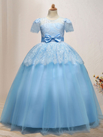 Blumenmädchenkleider Jewel Neck Short Sleeves Knöchellangen Bögen Kinder Social Party Kleider