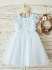Blumenmädchenkleider Jewel Neck Short Sleeves Perlen Kids Blue Party Kleider