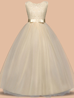 Blumenmädchenkleider Jewel Neck Sleeveless bodenlangen Bögen Formelle Kinder Festzug Partykleider