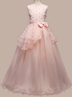 Blumenmädchenkleider Jewel Neck Sleeveless bodenlangen Bögen Kids Pageant Party Kleider