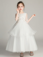 Blumenmädchenkleider Jewel Neck Tüll 3/4 Länge Ärmel Knöchellangen Prinzessin Silhouette Perlen Formelle Kinder Festzug Kleider