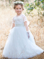 Blumenmädchenkleider Jewel Neck Tüll kurzen Ärmeln bodenlangen Prinzessin Silhouette Bögen formelle Kinder Festzug Kleider