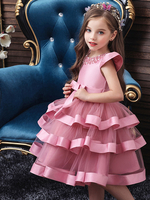 Blumenmädchenkleider Jewel Neck Tüll kurzen Ärmeln knielangen Prinzessin Silhouette Perlen formale Kinder Festzug Kleider