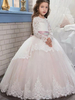 Blumenmädchenkleider Jewel Neck Tüll mit langen Ärmeln Bodenlangen Prinzessin Silhouette Bögen Formelle Kinder Festzug Kleider