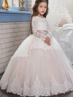 Blumenmädchenkleider Jewel Neck Tüll mit langen Ärmeln Bodenlangen Prinzessin Silhouette Bögen Formelle Kinder Festzug Kleider