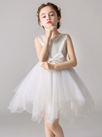 Blumenmädchenkleider Jewel Neck Tüll Ärmellos Knielang Prinzessin Silhouette Bögen Kinder Partykleider