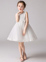 Blumenmädchenkleider Jewel Neck Tüll Ärmellos Knielang Prinzessin Silhouette Blumen Formal Kids Pageant Dresses