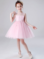 Blumenmädchenkleider Jewel Neck Tüll Ärmellos Knielang Prinzessin Silhouette Gestickte Kinder Social Party Kleider