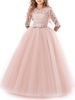 Blumenmädchenkleider Jewel Neck Tulle Halbe Ärmel Bodenlänge A Line Pink Kids Social Party Kleider