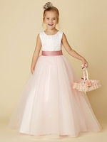 Blumenmädchenkleider Juwel Neck Sleeveless Buttons Formale Elfenbein Kinder Tüll Pageant Kleider
