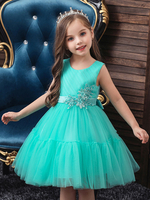 Blumenmädchenkleider Juwelenhals Polyester Ärmellose knielange Prinzessin Silhouette Bögen Kinder Partykleider