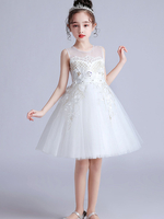 Blumenmädchenkleider Juwelenhals Tüll Kurzarm Knielange Prinzessin Silhouette Bestickte Kinder Partykleider