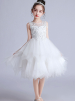 Blumenmädchenkleider Juwelenhals Tüll Kurzarm Knielange Prinzessin Silhouette Bestickte Kinder Social Party Kleider