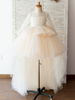 Blumenmädchenkleider Juwelenhals Tüll Lange Ärmel Asymmetrische Prinzessin Silhouette Kinder Partykleider