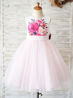 Blumenmädchenkleider Juwelenhals Tüll Ärmelloses Blumenmieder Knielange Prinzessin Silhouette Bögen Kinder Partykleider