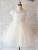 Blumenmädchenkleider Juwelenhalsspitze Kurzarm Knielange Prinzessin Silhouette Knöpfe Formale Kinderwettbewerbkleider