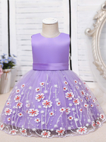 Blumenmädchenkleider Lila Jewel Neck Polyester Polyester Baumwolle Tüll Ärmellos Knielang A-Linie Bestickte Kinder Partykleider