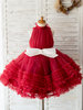 Blumenmädchenkleider mit Schärpe hoher Kragen Tüll Ärmellose knielange Prinzessin Silhouette Bögen Trun Red Kids Partykleider