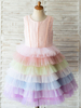 Blumenmädchenkleider Regenbogenfarbe Juwelenhals Tüll Ärmellose knielange Prinzessin Silhouette Perlen Kinder Social Party Kleider