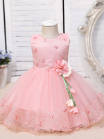 Blumenmädchenkleider Rosa Jewel Neck Ärmellos Polyester Baumwolle Tüll Blumen Kinder Partykleider