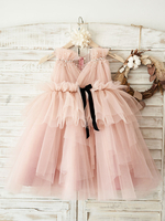 Blumenmädchenkleider Rosa V-Ausschnitt Sleeveless wulstiger Kinder Partykleider