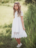 Blumenmädchenkleider Tüll Jewel Neck Kurzarm Knielang A Line Kids Party Dresses