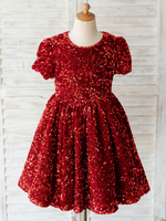 Blumenmädchenkleider True Red Jewel Neck Kurzarm Pailletten Kinder Partykleider