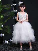 Blumenmädchenkleider V-Ausschnitt Tüll Ärmellos Knöchellang Prinzessin Silhouette Pailletten Kinder Partykleider