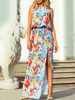 Blumige Maxikleider Ärmelloses; geteiltes Sommerkleid