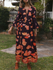 Blumige Maxikleider Stripe Print Langarm Jewel Neck Frauenkleid
