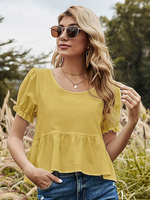 Bluse für Damen Gelb Polyester Jewel Neck Casual Plissee Lace Up Kurze Ärmel Übergroßes T-Shirt
