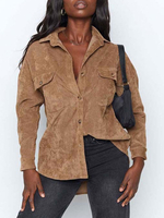 Bluse für Damen Khaki Taschen Knöpfe Umlegekragen Lässige Lange Ärmel Polyester Übergroßes Hemd
