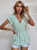 Bluse für Damen Mintgrün Polyester V-Ausschnitt Stretch Casual Blumendruck Plissee Kurze Ärmel Sommer T-Shirt