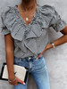 Bluse für Damen Schwarz Kariertes Muster V-Ausschnitt Lange Ärmel Polyester Tops