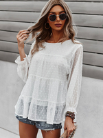 Bluse für Damen Weiß Polyester Jewel Neck Casual Rüschen Plissee Lange Ärmel Übergroßes Langes T-Shirt