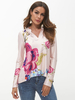 Bluse für Frauen Aprikose Blumendruck V-Ausschnitt Langarm Casual Tops
