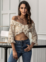 Bluse für Frauen Beige Polyester Bateau Neck High Low Design Lässig bedruckte Rüschen Mittellange Ärmel Sexy Tops