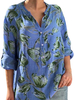 Bluse für Frauen Blau 3/4 Länge Ärmel V-Ausschnitt Casual Floral Buttons Bedruckte Tops