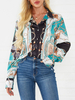 Bluse für Frauen Cyan Blue Blumendruck Knöpfe Turndown Kragen Classic Langarm Polyester Shirt