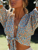 Bluse Für Frauen Hellhimmelblau Polyester V-Ausschnitt Lässig Bedruckt Verknotet Langarm Tops
